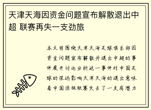 天津天海因资金问题宣布解散退出中超 联赛再失一支劲旅 天津天海因资金问题宣布解散退出中超 联赛再失一支劲旅