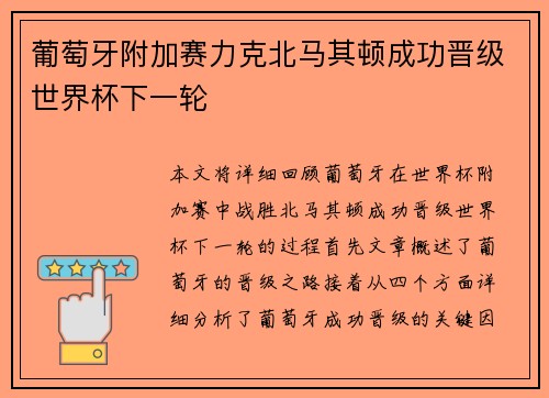 葡萄牙附加赛力克北马其顿成功晋级世界杯下一轮 葡萄牙附加赛力克北马其顿成功晋级世界杯下一轮
