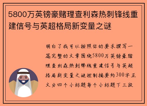 5800万英镑豪赌理查利森热刺锋线重建信号与英超格局新变量之谜